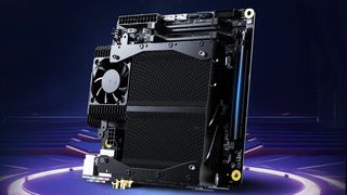 A promotional image of the Minisforum BD790i X3D embedded mini-ITX motherboard