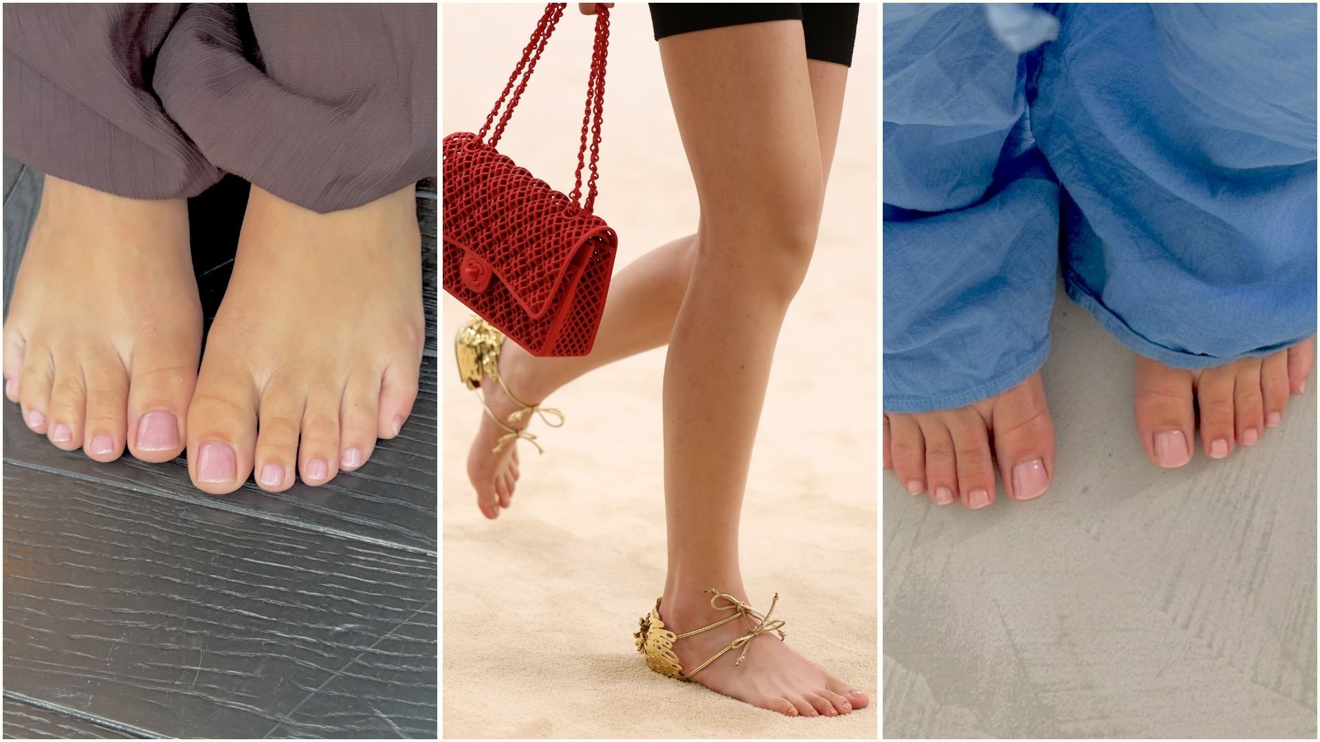 A collage with bare pedicure looks