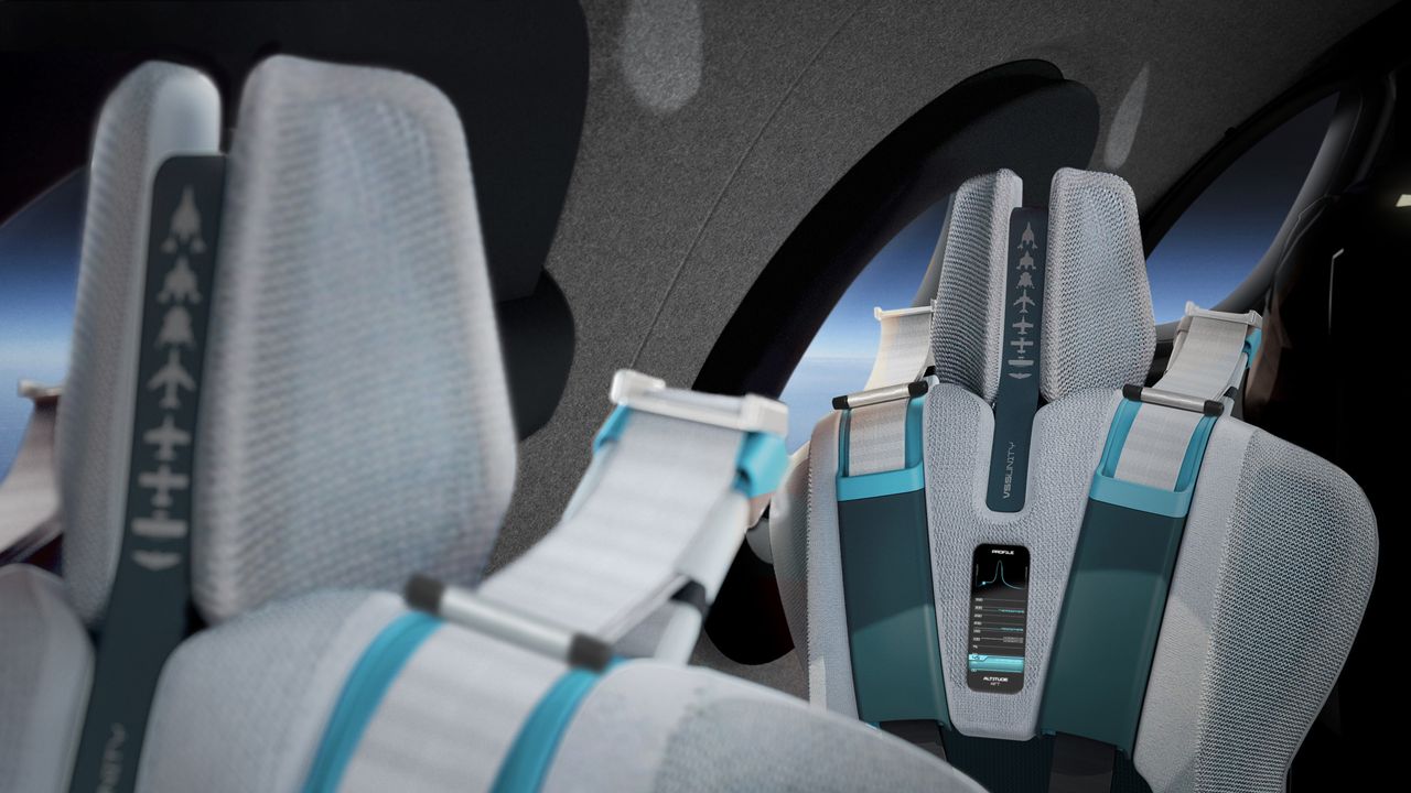 Virgin Galactic's SpaceShipTwo interior features six sleek passenger seats, a wealth of windows and room to float about the cabin.