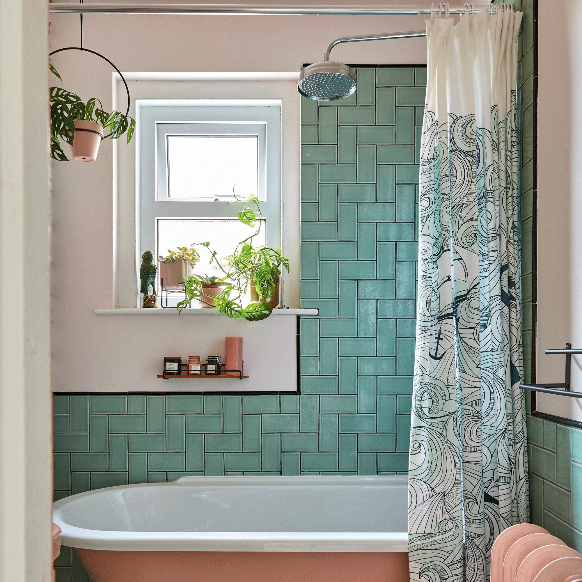 Blue bathroom with waterprint shower curtain