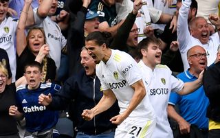 Leeds defender Pascal Struijk celebrates after scoring against Brighton