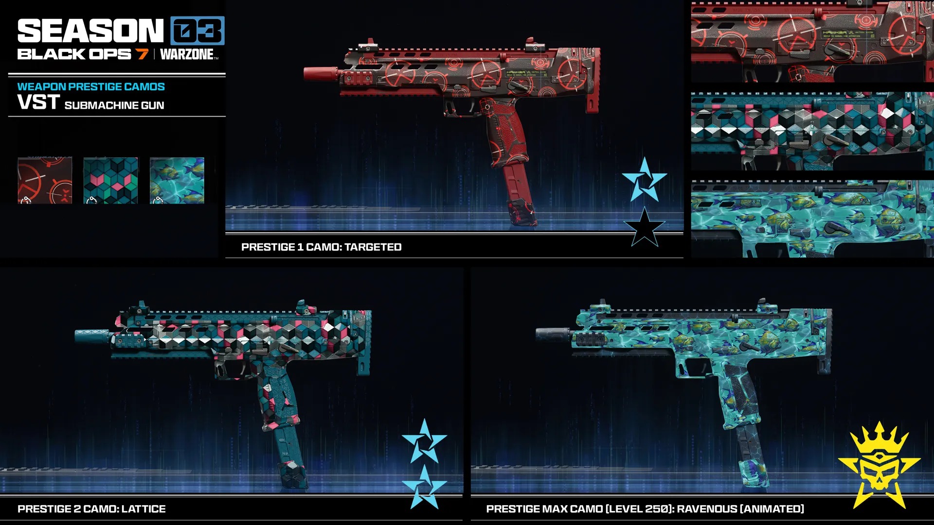 Call of Duty: Black Ops 7 Season 3 screenshots including weapon prestige camos, new mode gameplay for freerun and demolition, and new operator skins.