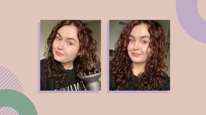 Two shots of freelance beauty editor Lucy demonstrating how to use a diffuser on dry curly hair