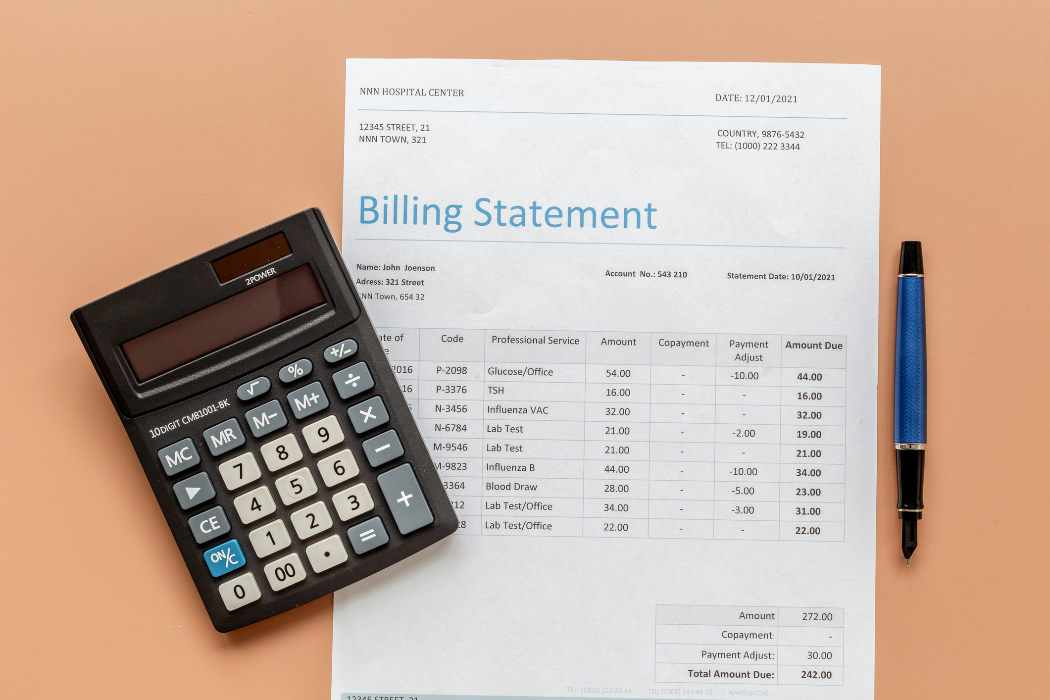 Payment for medical services. Medical health care billing statement in hospital, top view.