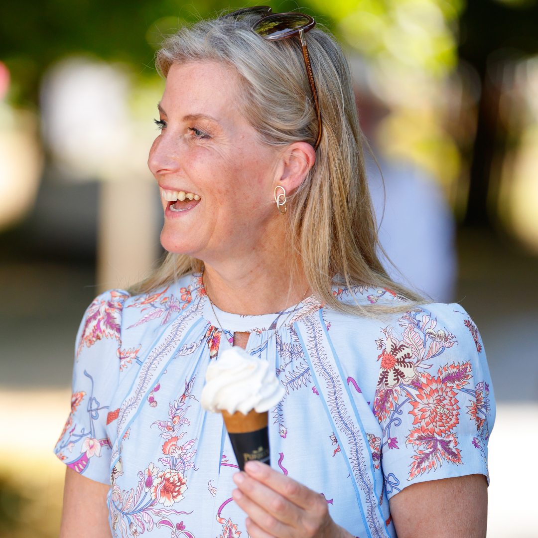 Duchess Sophie eating an ice cream wearing a blue floral dress