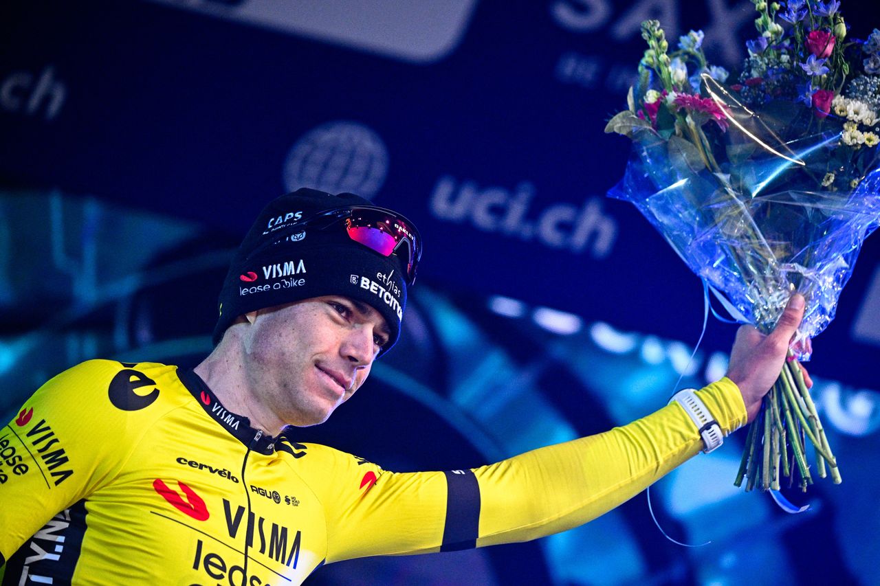 Wout van Aert celebrates after winning the 2024 E3 Saxo Classic