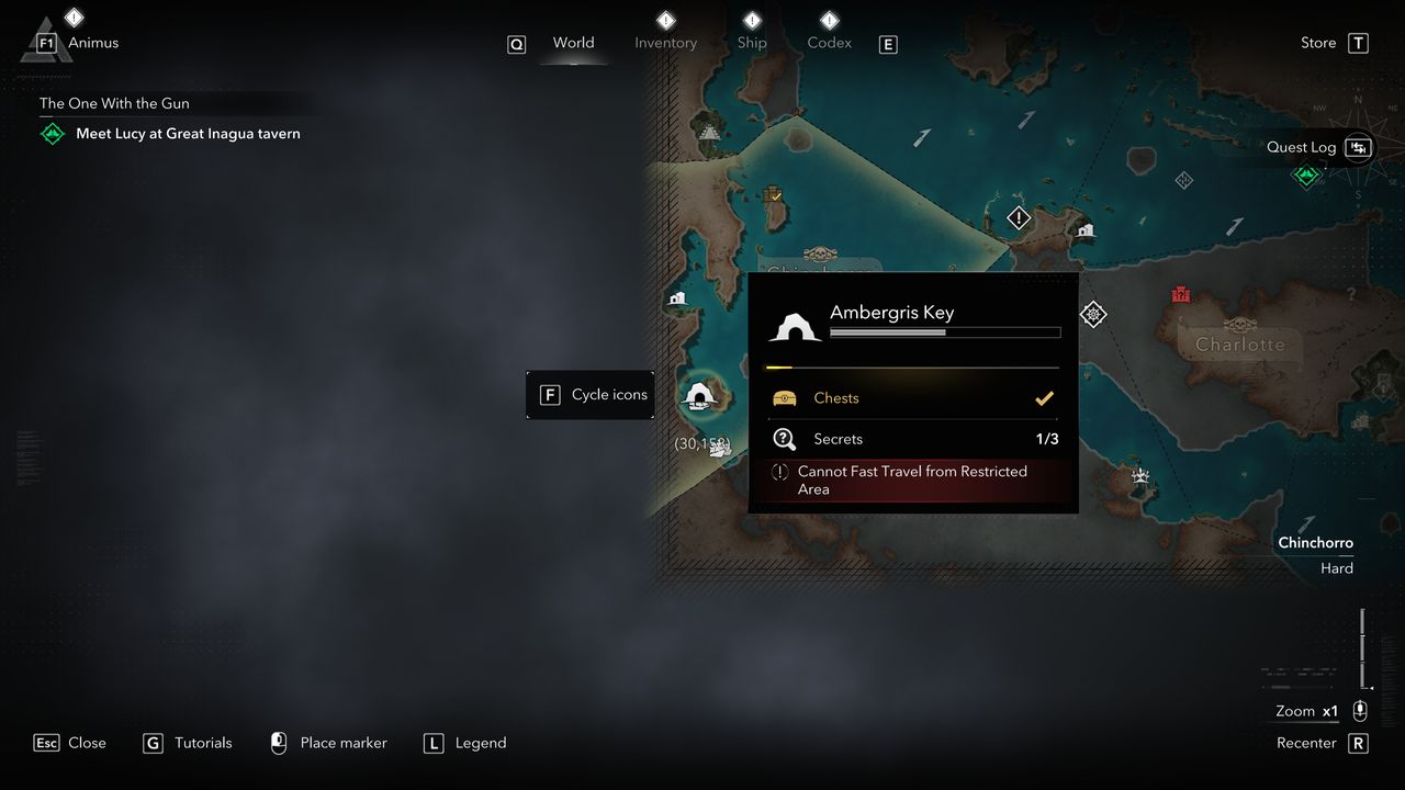 Black Flag treasure maps: A screenshot of the map with a red circle showing the location of the buried treasure chest in Ambergris Key.
