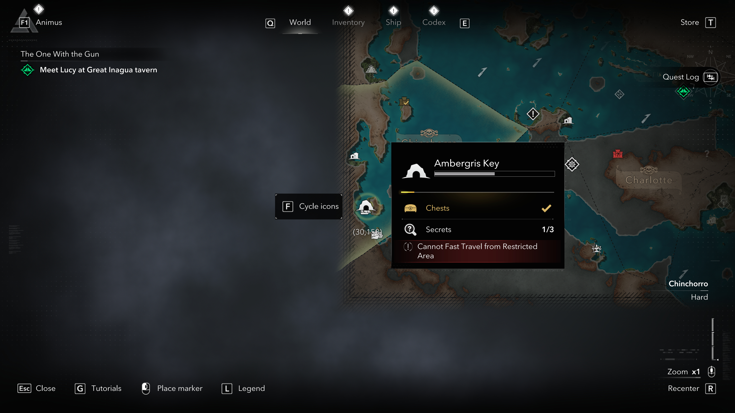 Black Flag treasure maps: A screenshot of the map with a red circle showing the location of the buried treasure chest in Ambergris Key.