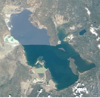 The Great Salt Lake. This photograph was taken by an astronaut aboard the International Space Station in the summer of 2001. 