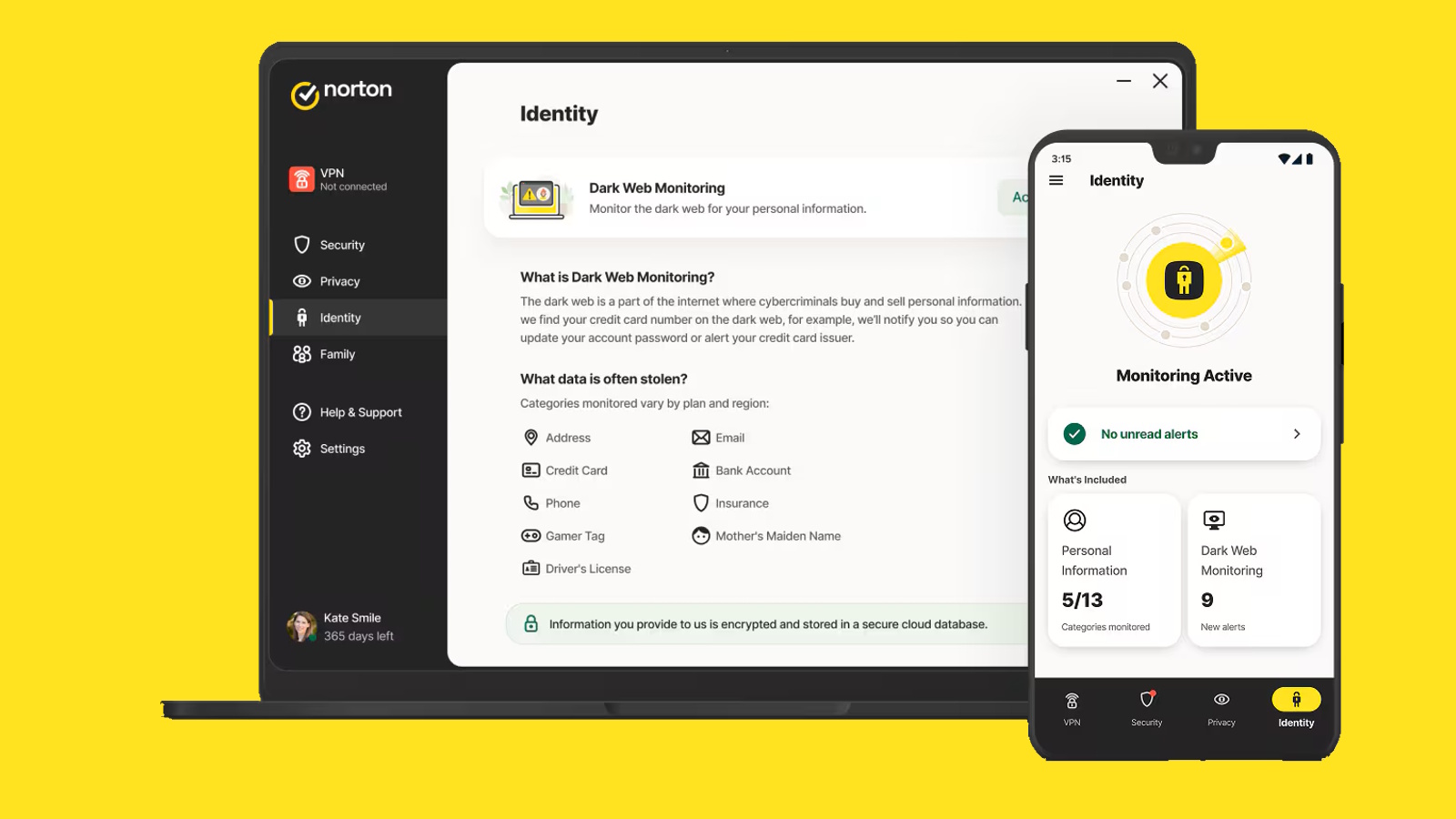 The dashboard for Norton VPN&#039;s dark web monitoring tool in a laptop and smartphone.