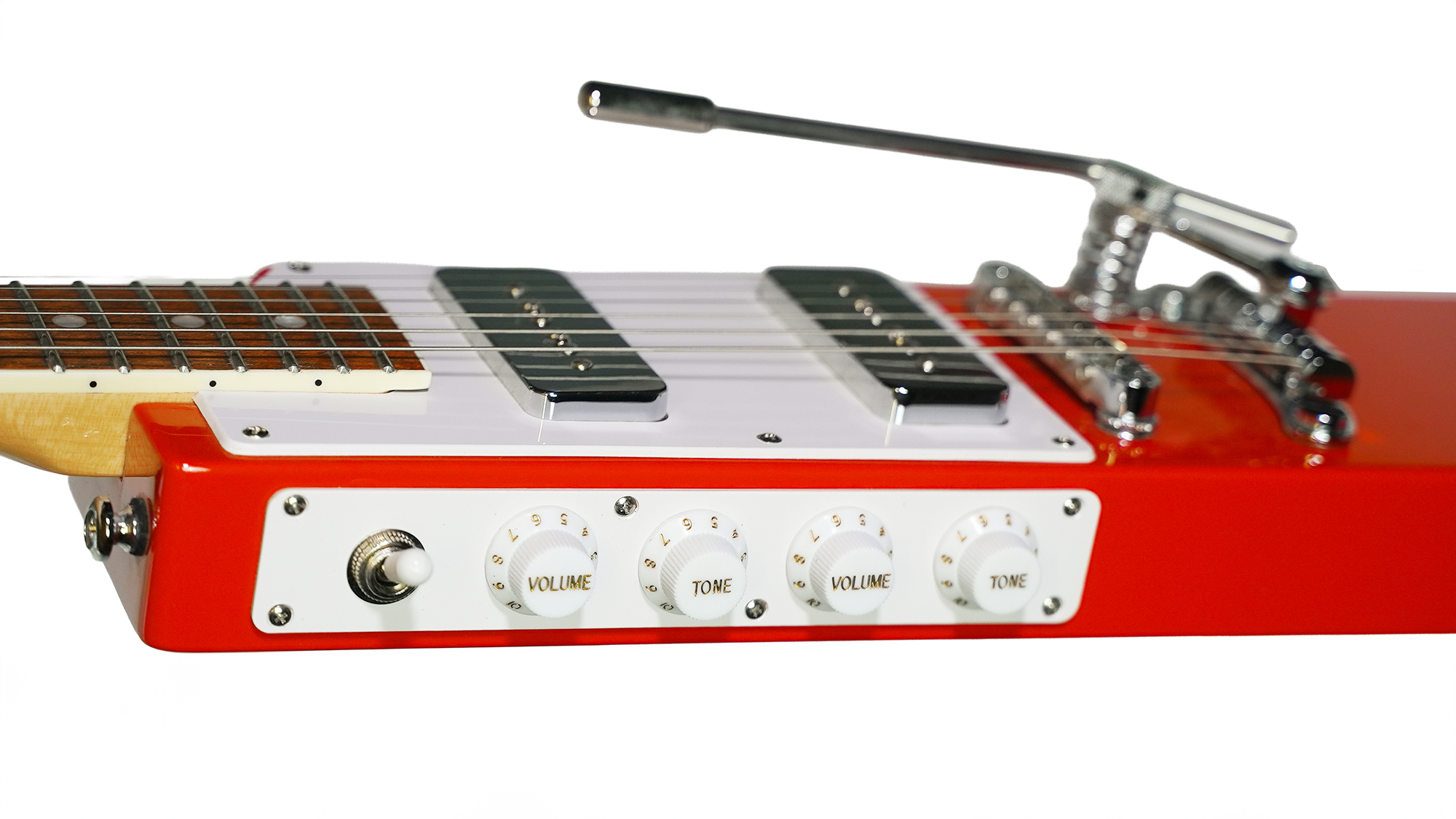 A detail of an Eastwood La Baye 2x4 electric guitar