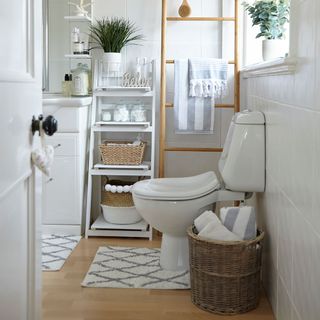 bathroom with white commode potted plant