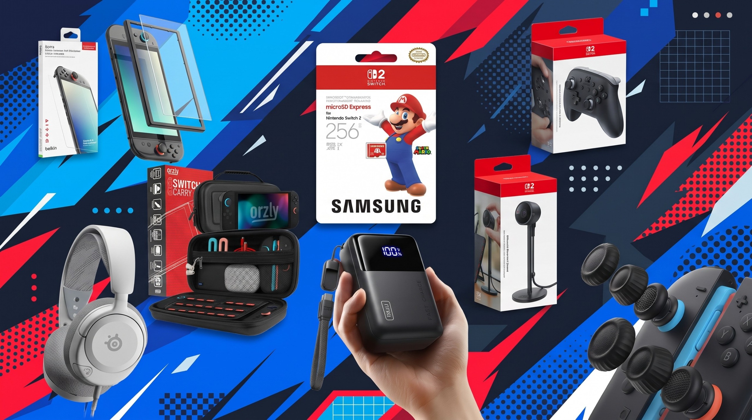 A collage of Nintendo Switch 2 accessories, including a controller, microSD card, power bank, headset, carry case, screen protector, and thumb grips