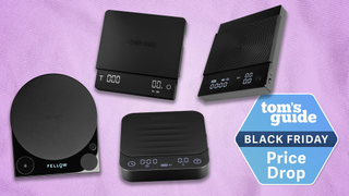 a composite image with a purple background and a blue tom's guide black friday deal badge and four coffee scales: fellow tally pro, wacaco exagram pro, mhw-3bomber cube, and the timemore black mirror basic