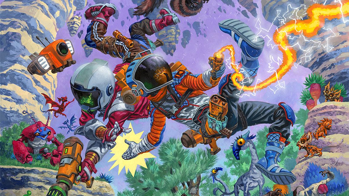 Revenge of the Savage Planet; creating a poster art painting for a video game, two astronaut characters leap and shoot lasers