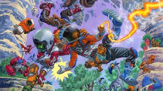 Revenge of the Savage Planet; creating a poster art painting for a video game, two astronaut characters leap and shoot lasers