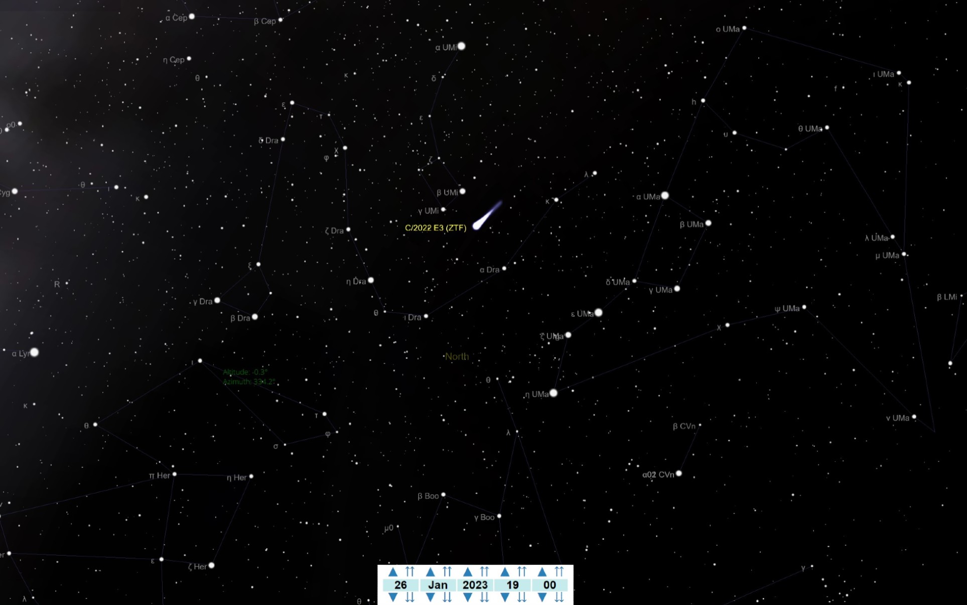 An illustration of the night sky on January 26, showing the position of Comet C/2022 E3 (ZTF) near the constellation Ursa Minor.