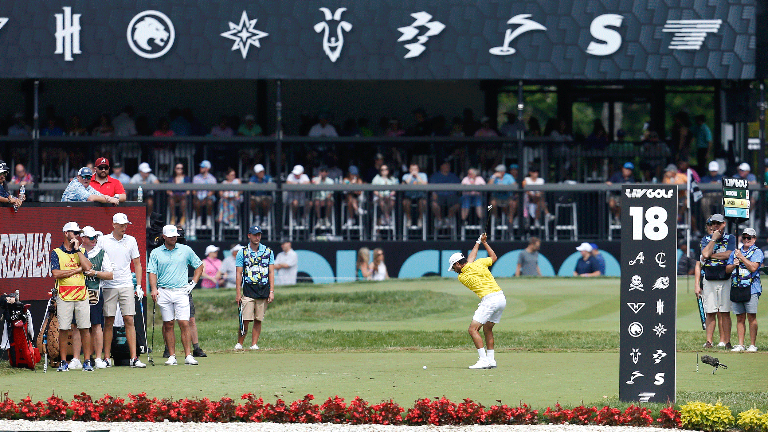 Abraham Ancer hits a tee shot during a LIV Golf League event in 2025