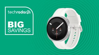 Samsung Galaxy Watch 9 on green background with big savings text overlay