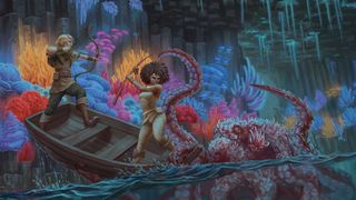 A bowman and a woman with a staff fight off a giant octopus in an underground sea cave