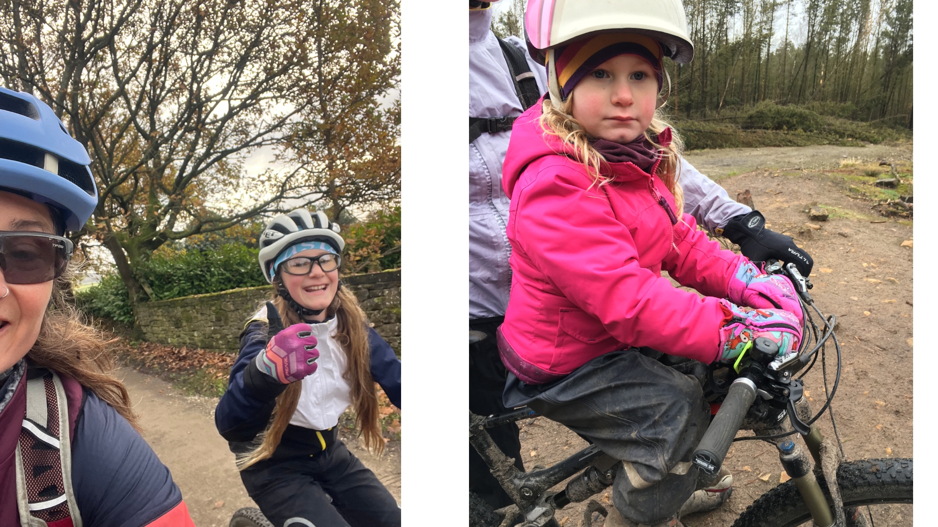 Two photo collage showing Hannah and daughter riding together and when daughter was younger