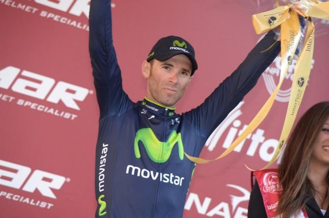 Alejandro Valvede (Movistar) on the podium for his 3rd place finish in Strade Bianche