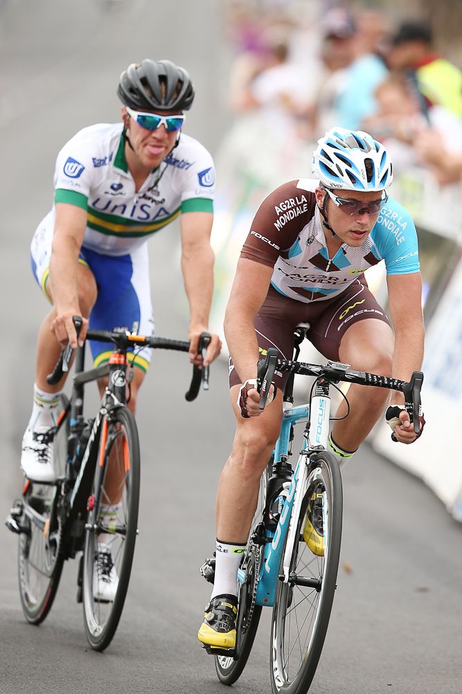 Sean Lake of team UniSA-Australia and French cyclist Alexis Gougeard of AG2R La Mondiale ride in a break-away during stage 1 of the 2016 Tour Down Under