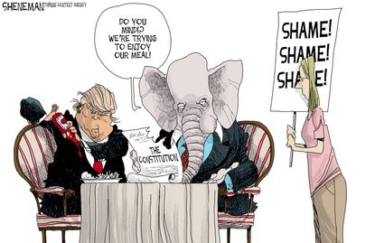 Political cartoon U.S. Constitution Trump GOP Republicans protest