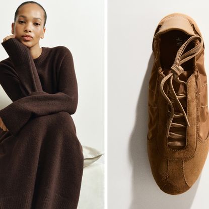 An H&M collage of a model wearing a brown sweater dress alongside brown suede sneakers