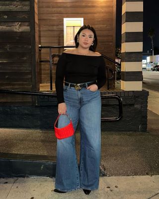 Marina Torres 33 Incredibly Chic Tops That Will Get You Compliments Black Off The Shoulder Top Jeans Denim Outfit Idea