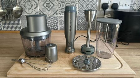 Cuisinart Power Blend Immersion Blender with accessories on kitchen counter