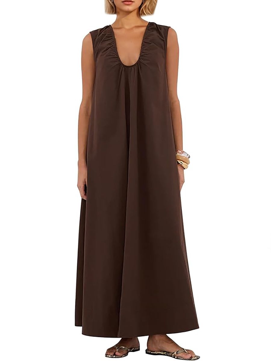 Ardrem, Ardrem Women Sleeveless Ruched Maxi Dress Scoop Neck Long Elegant Dresses Wide Shoulder Strap Blouse Dress With Side Pockets Brown