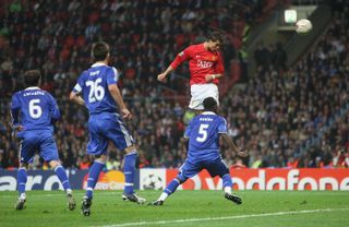 Cristiano Ronaldo scores a header for Manchester United against Chelsea in the 2008 Champions League final in Moscow.