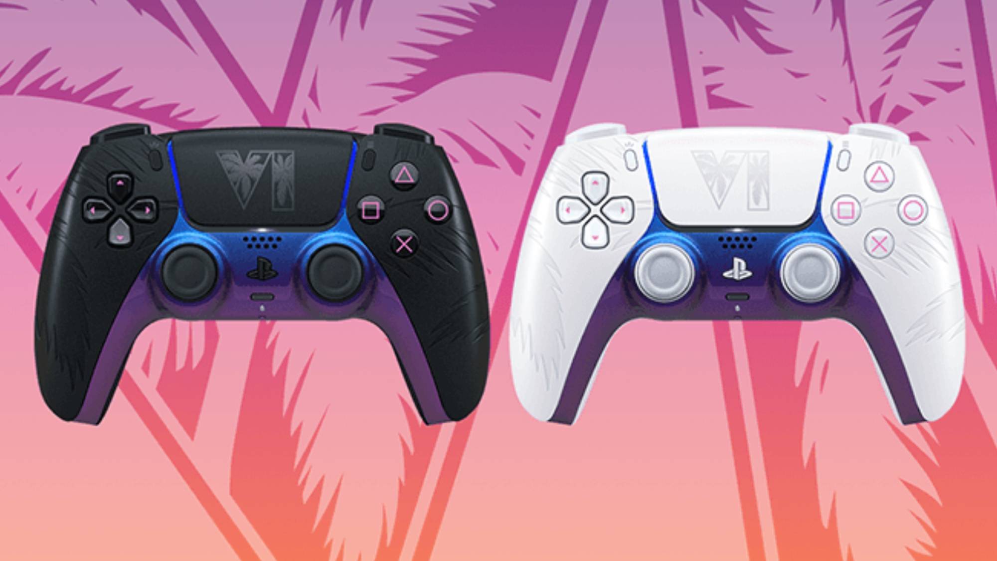 GTA 6 DualSense Controllers on a Vice City themed background