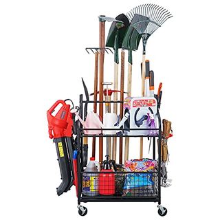 Mythinglogic Garden Alloy Steel Tool Organizer for Garage-Yard Racks With Wheels,garage Organizers and Storage Hold Tools,yard Holder Garage/shed,garden Tool Stand, Medium, Black