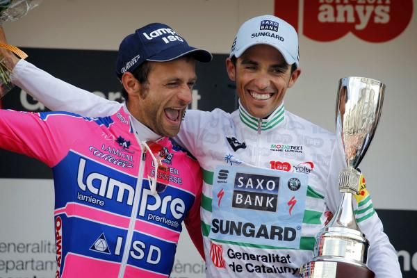 Scarponi and Contador share a joke on the podium