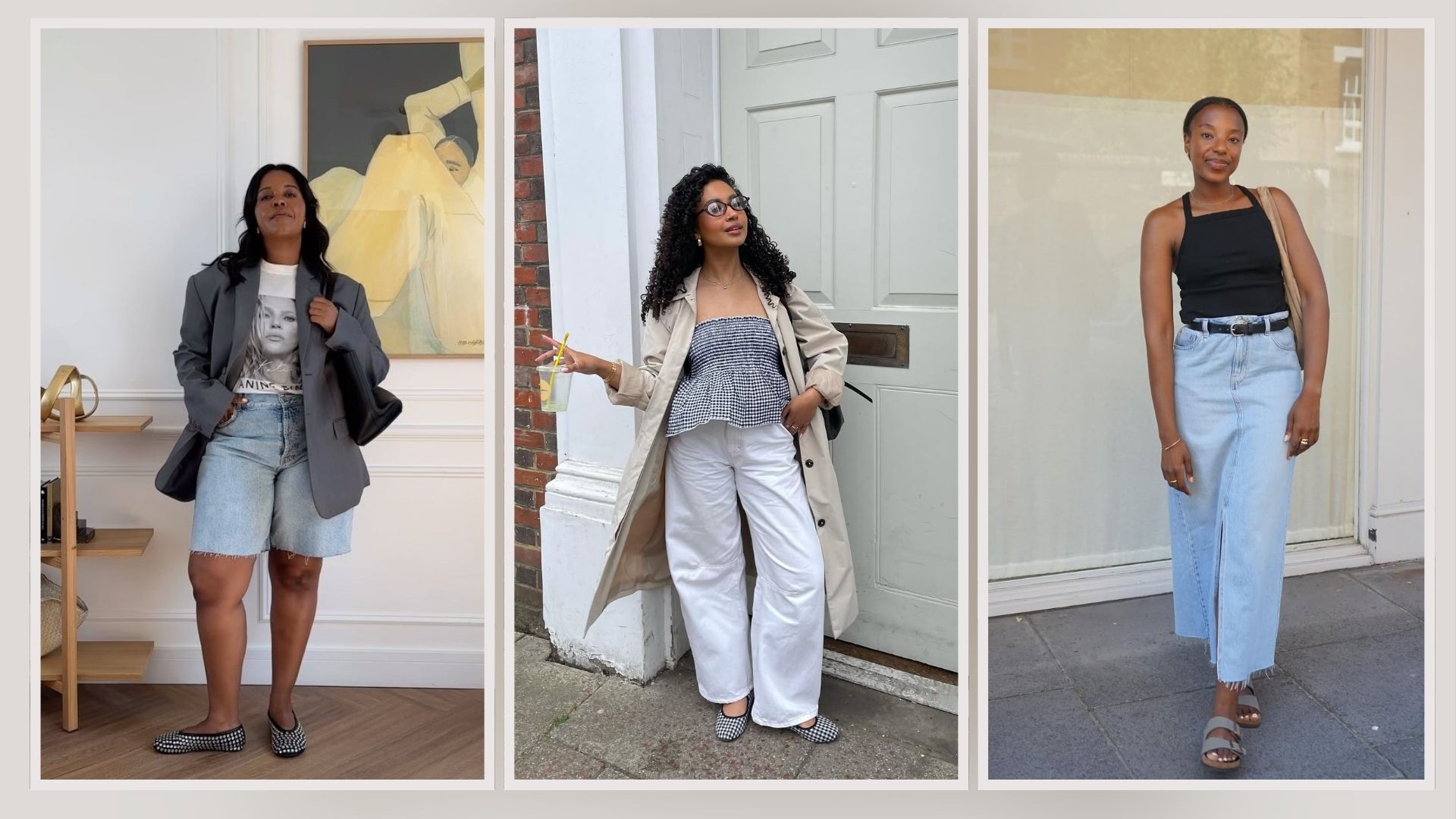 Three different denim trends, shorts, white jeans, and denim skirt