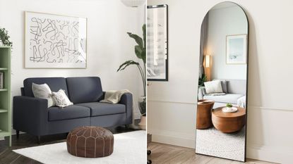 Two pictures: one of a living room with a gray couch and green plants and one of a black arched mirror