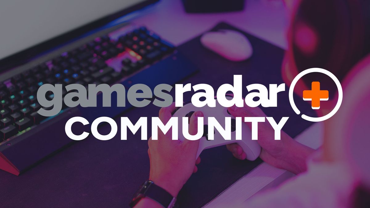The GamesRadar+ logo with the word community underneath, with an image of someone playing games with a controller in front of a PC behind