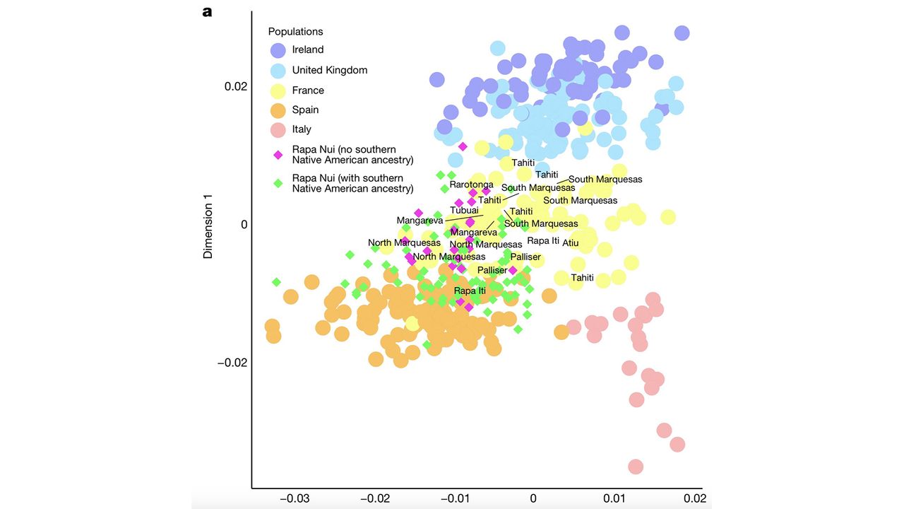 The genome-wide DNA study also revealed European ancestry among Polynesians, although this admixture (also known as when people from two genetically distinct groups have children together) happened several hundred years after the Native American and Polynesian admixtures. Notice that not all Polynesians have Native American ancestry (pink versus green diamonds).