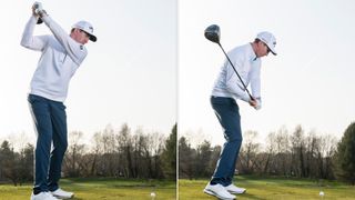 PGA pro Ben Emerson demonstrating a simple over the top golf swing drill to help you fix your slice