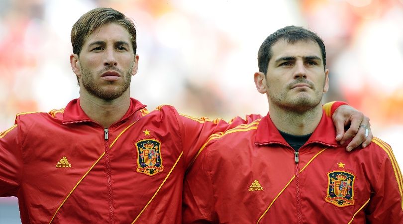 Spain pair Sergio Ramos and Iker Casillas look on during the Spanish national anthem ahead of a game against Italy at Euro 2012.