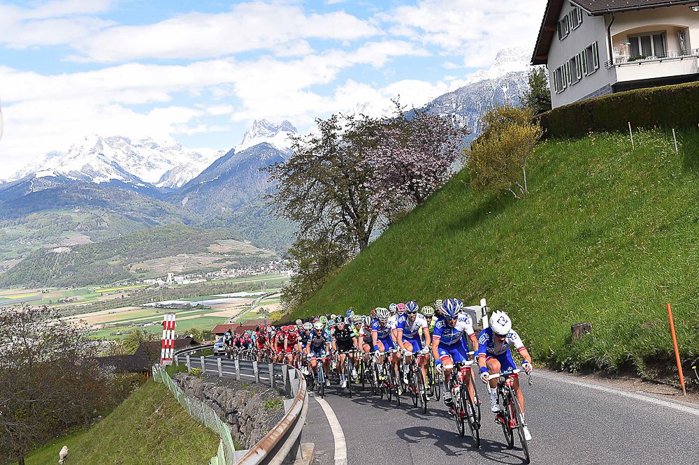 The peloton climbs together during stage 4 at the Tour de Romandie.