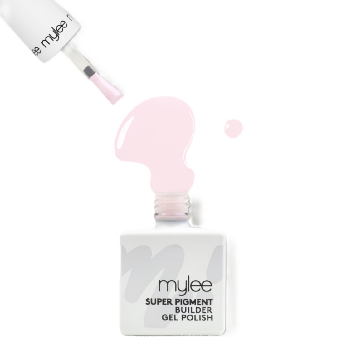 A product shot of the Mylee Super Pigment Builder Gel in shade Rose Petal, with the brush removed and some of the polish spilling out of the bottle, on a white background