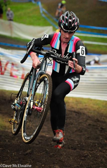 Zach McDonald (Rapha Focus) leading the race at the stairs