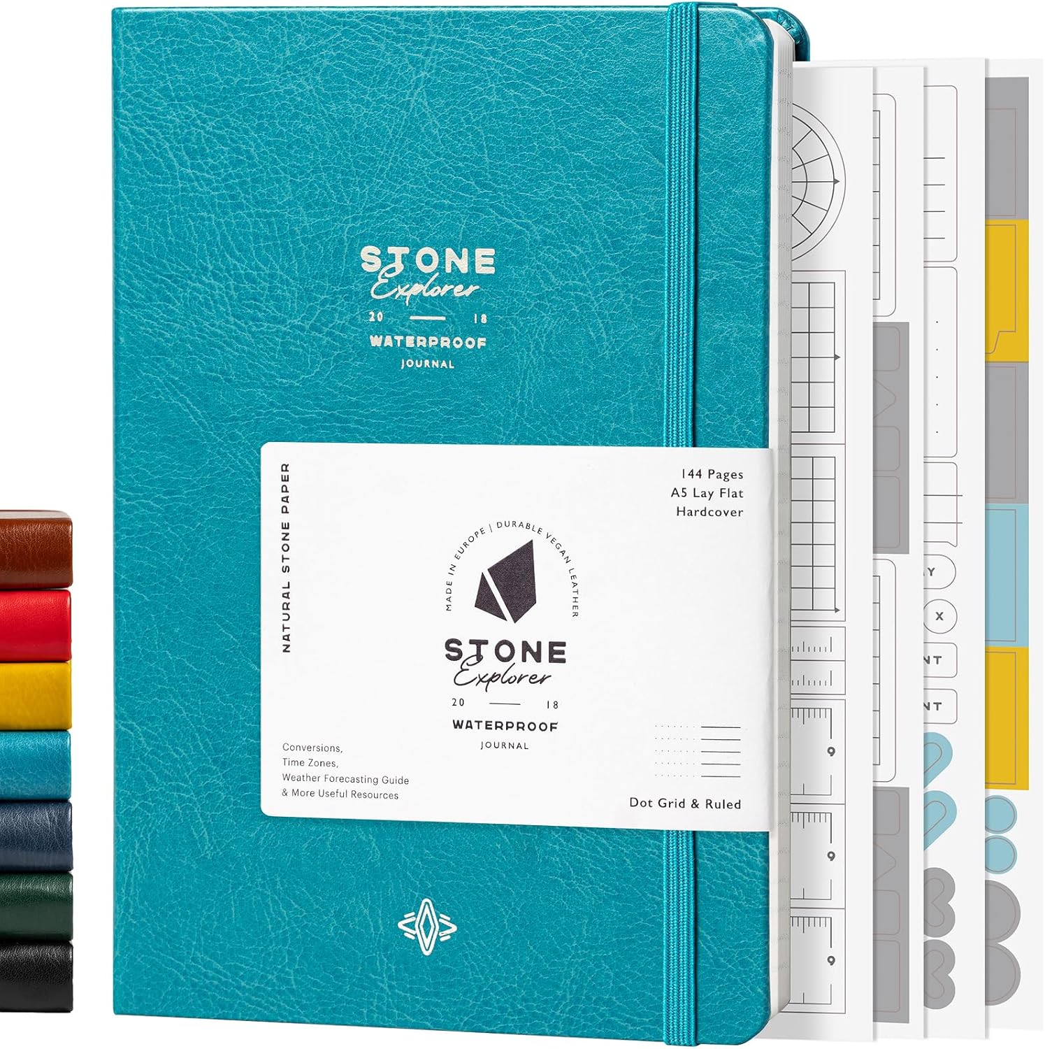 Stone Journal Explorer Notebook &amp;ndash; A5 Waterproof Paper Field Journal, Vegan Leather Hardcover, 144 Pages Alternating Ruled &amp;amp; Dot Grid, Back Pocket, Weather-Resistant (teal)
