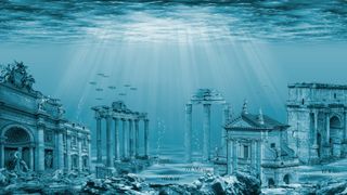 Illustration of the lost city of Atlantis, with ruined Greek columns and porticos underwater.