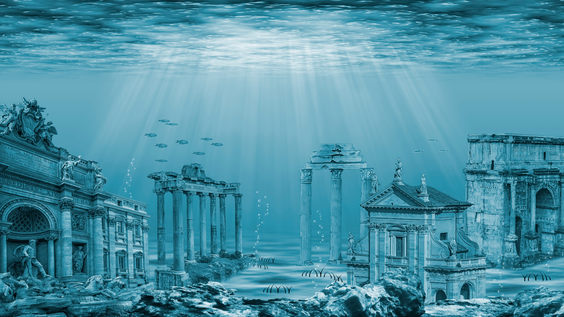 Here we see an illustration of the ruins of the city of Atlantis underwater.