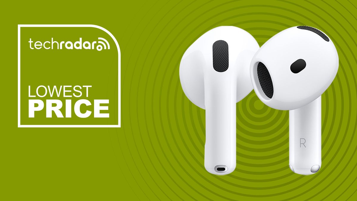 Apple AirPods 4 on green background with TechRadar lowest price sign