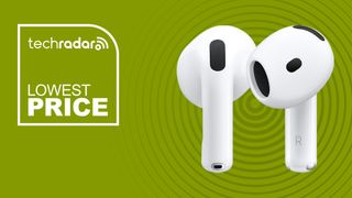 Apple AirPods 4 on green background with TechRadar lowest price sign